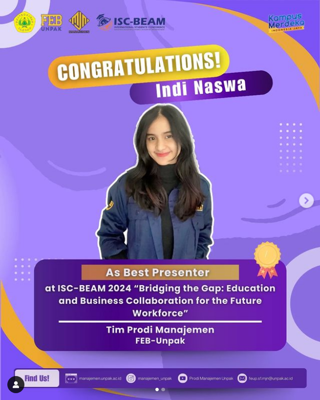 Indi Naswa atas pencapaiannya sebagai Best Presenter di acara ISC-BEAM 2024 