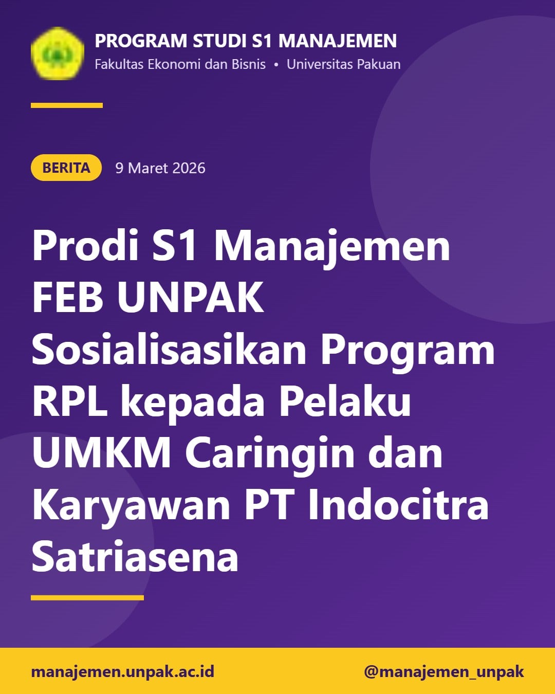 Prodi S1 Manajemen FEB UNPAK Sosialisasikan Program RPL kepada Pelaku UMKM Caringin dan Karyawan PT Indocitra Satriasena