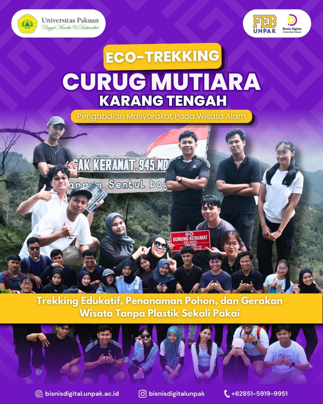 Mahasiswa Bisnis Digital dan Manajemen UNPAK Gelar Eco-Trekking dan Penanaman Pohon di Curug Mutiara Karang Tengah